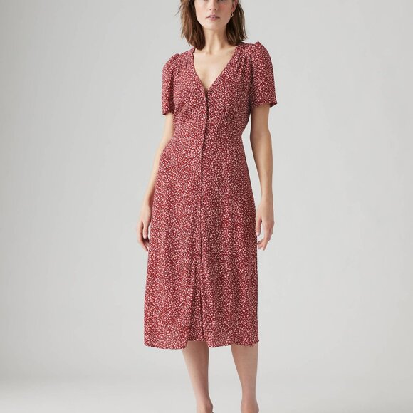 Levi’s Sarina Short-Sleeve Midi Dress | Red Floral | Size Large - Picture 1 of 6